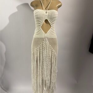 Boho Crochet Cutout Fringe Maxi Dress - White